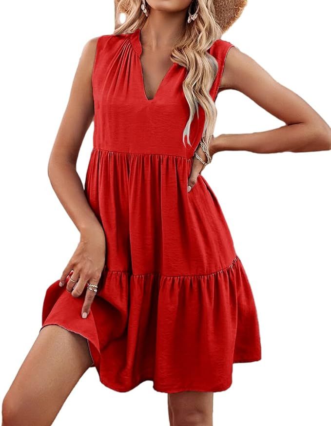 Bwogeeya Womens Summer Mini Dress Casual V Neck Ruffle Hem Sleeveless Solid Dresses | Amazon (US)