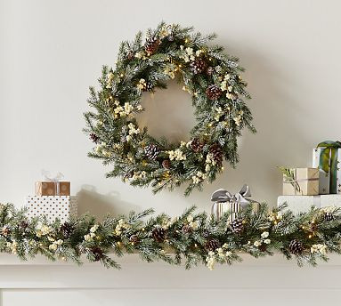 Pre-Lit Faux Frozen Pine And White Berry Wreath &amp; Garland | Pottery Barn (US)