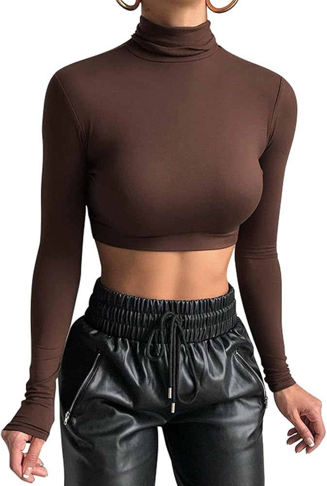 GEMBERA Women's Long Sleeve Turtleneck Crop Tops Fitted Basic T Shirt Top | Amazon (US)
