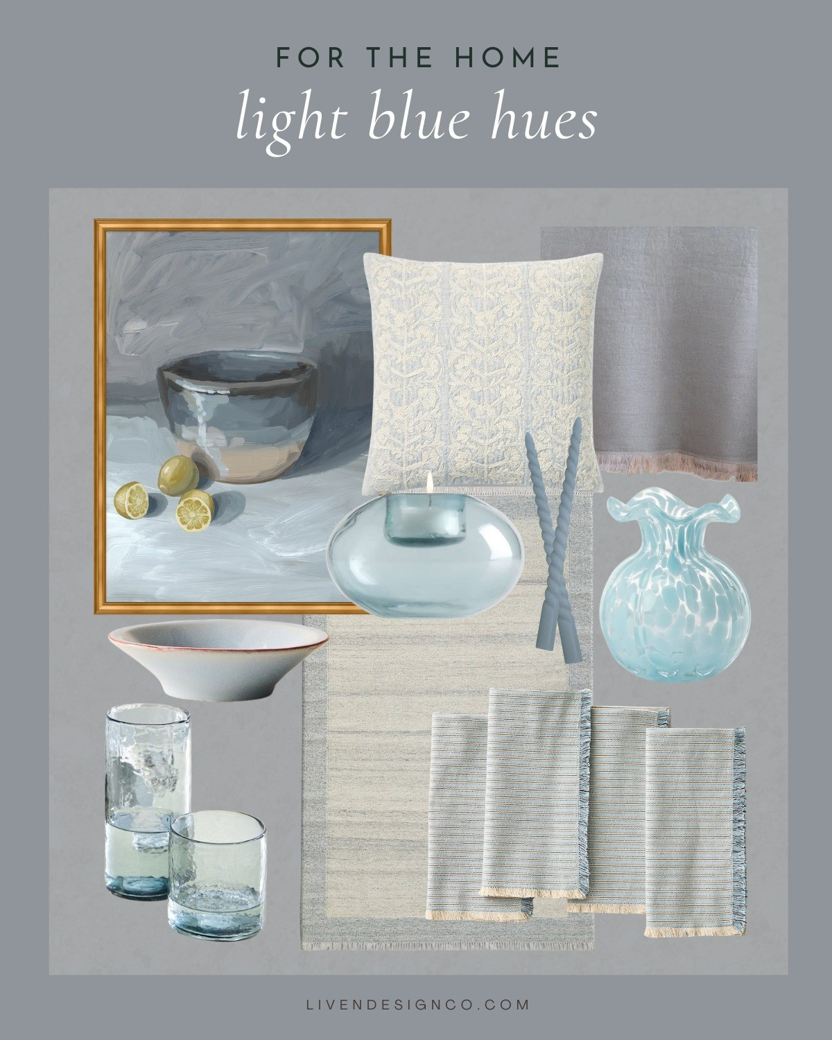 Ligjt blue home decor. Spring decor. Blue glass vase. Still life fruit art. Throw pillows. Glassware 

#LTKSeasonal #LTKHome #LTKSaleAlert