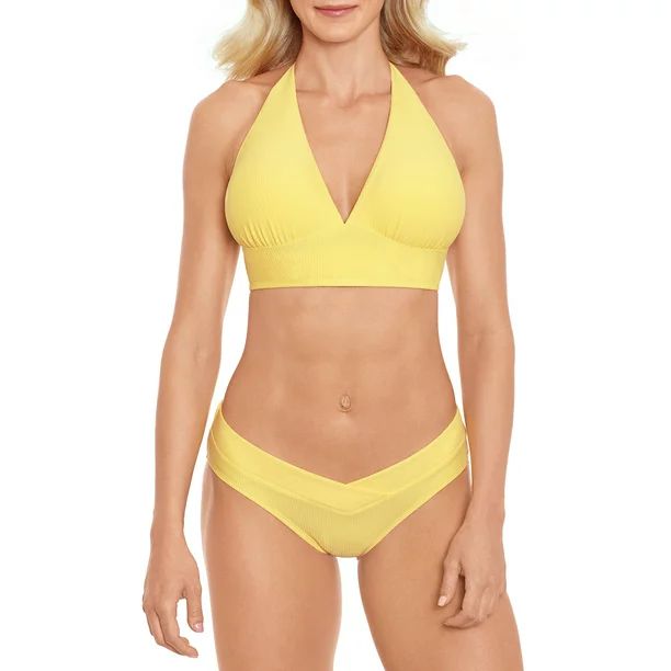 Time and Tru Women's and Women's Plus Elevated Rib Daffodil Deep V Swim Top | Walmart (US)