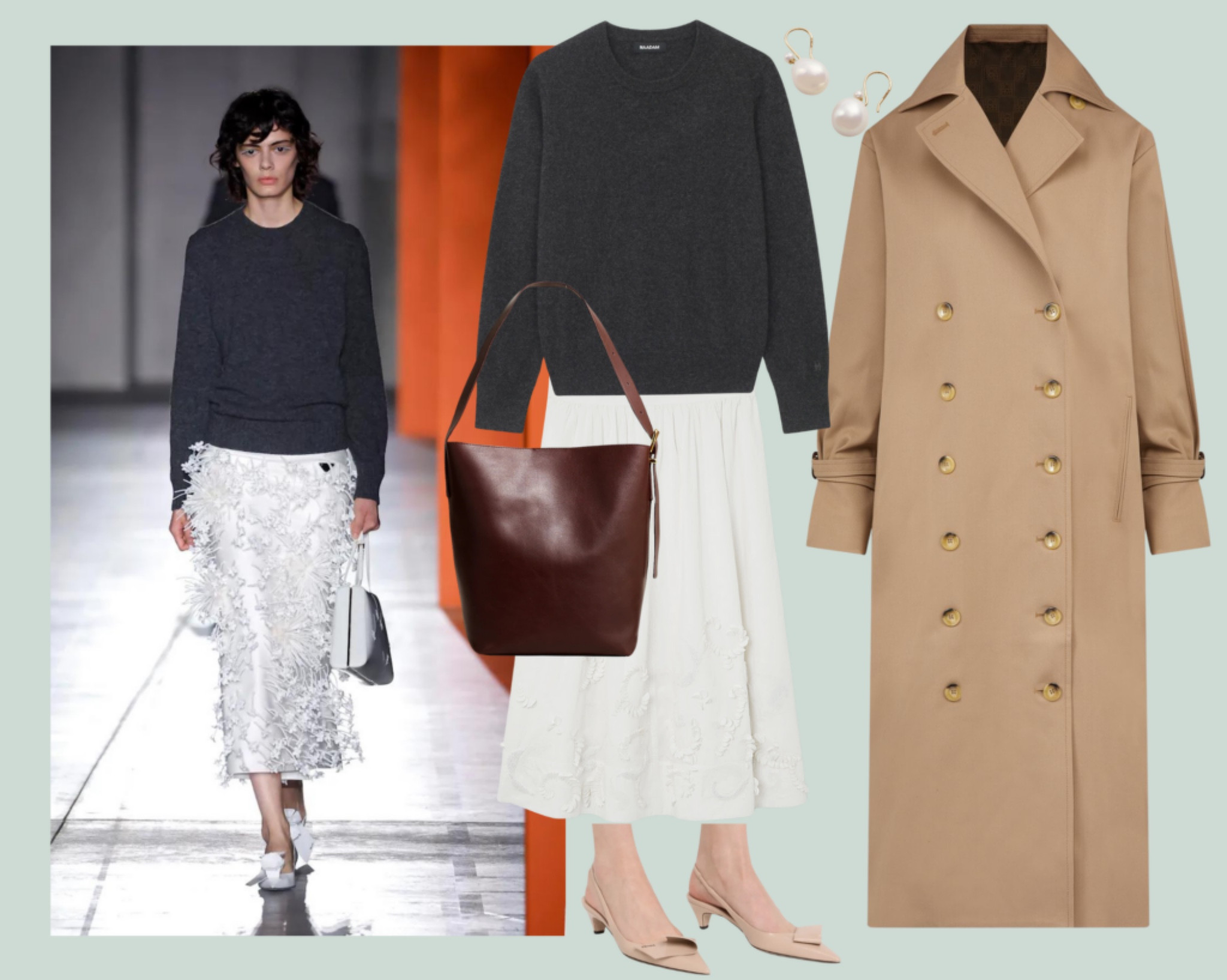 A white skirt spring outfit inspired by Prada. #skirt #prada #trench 

#LTKSeasonal