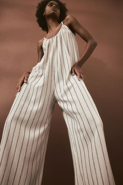 Tie-belt Jersey Jumpsuit - Light beige/striped - Ladies | H&M US | H&M (US + CA)