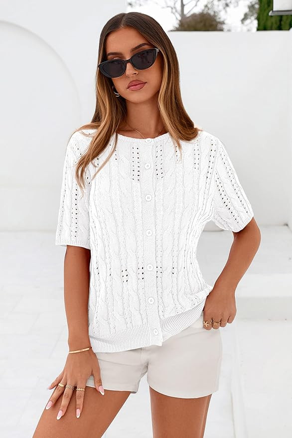 MASCOMODA Women Summer Cable Knit Crochet Cardigan Sweaters Casual Button Short Sleeve Sweater Cu... | Amazon (US)
