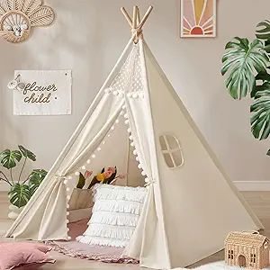 Tiny Land Teepee Tent for Kids Indoor, Canvas Toddler - Girls & Boys, Washable Tipi Boho Fodable ... | Amazon (US)