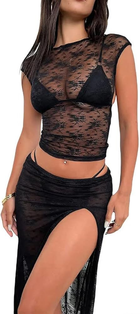 2 Piece Maxi Skirt Set for Women Lace Up Back Tank Tops Tie Up High Waist Long Skirt Crochet Knit... | Amazon (US)