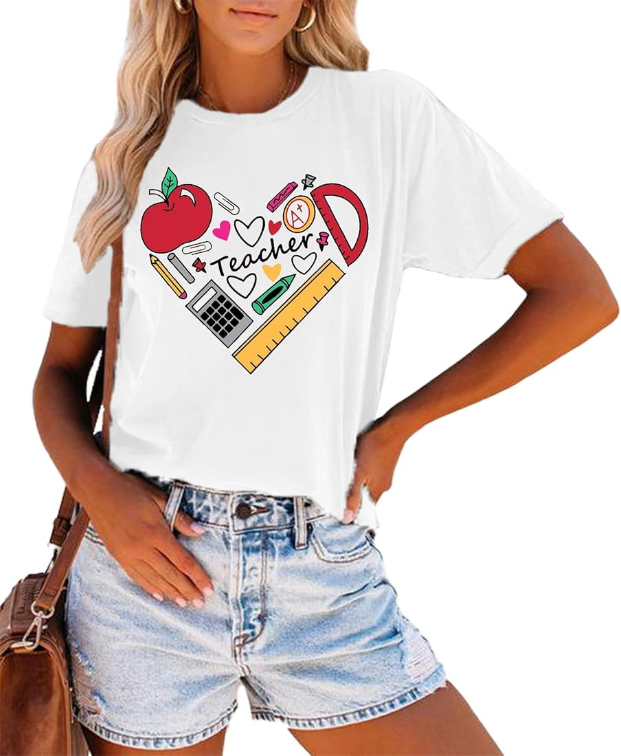 Teacher T Shirt for Women Funny Teaching Heart Graphic Tee Tops Teacher Day Gift Shirts | Amazon (US)