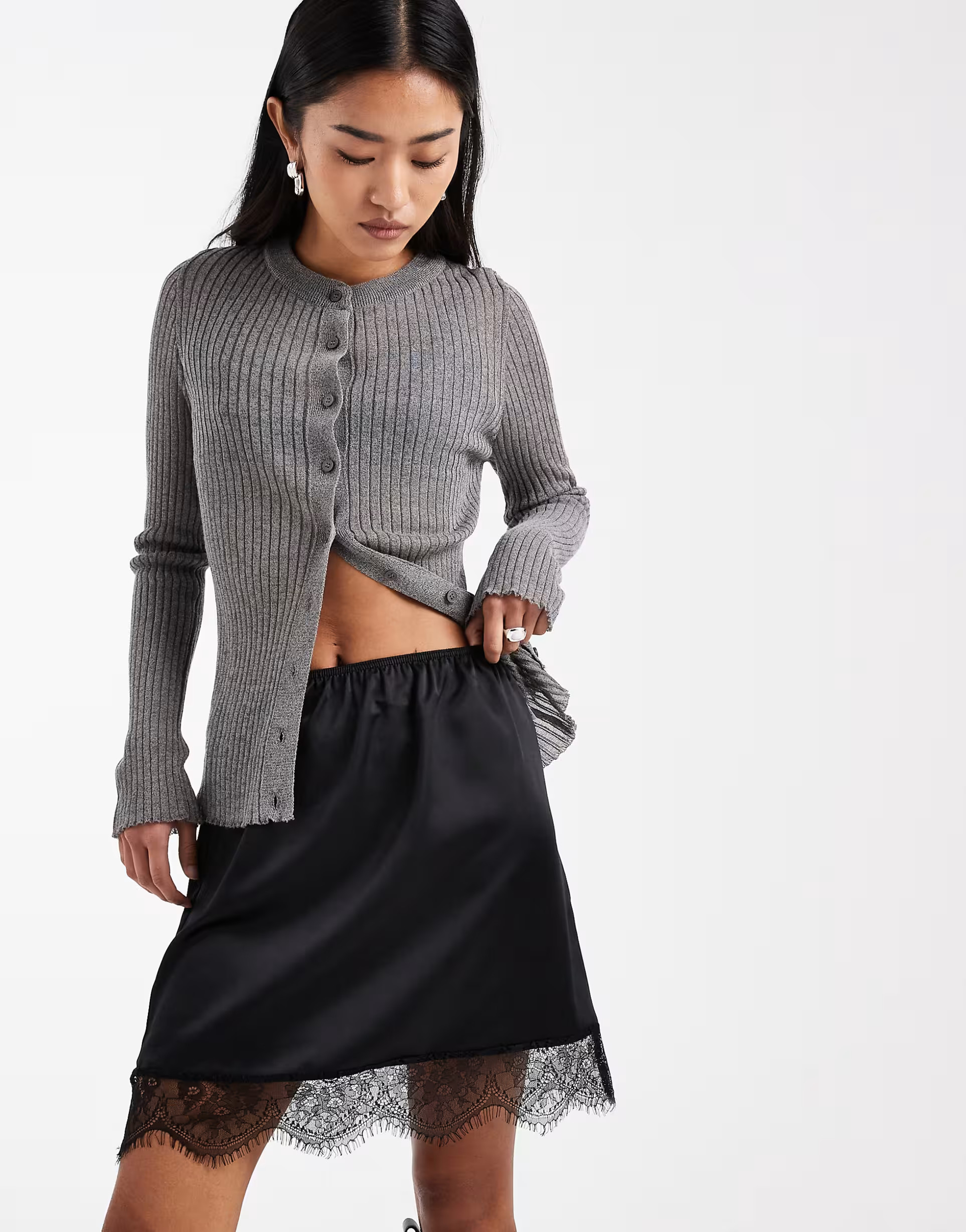 ASOS DESIGN lace trim satin mini skirt in black | ASOS (Global)