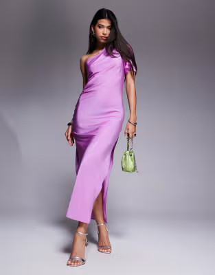 ASOS DESIGN satin one shoulder flutter sleeve midi dress in pink lilac | ASOS (Global)
