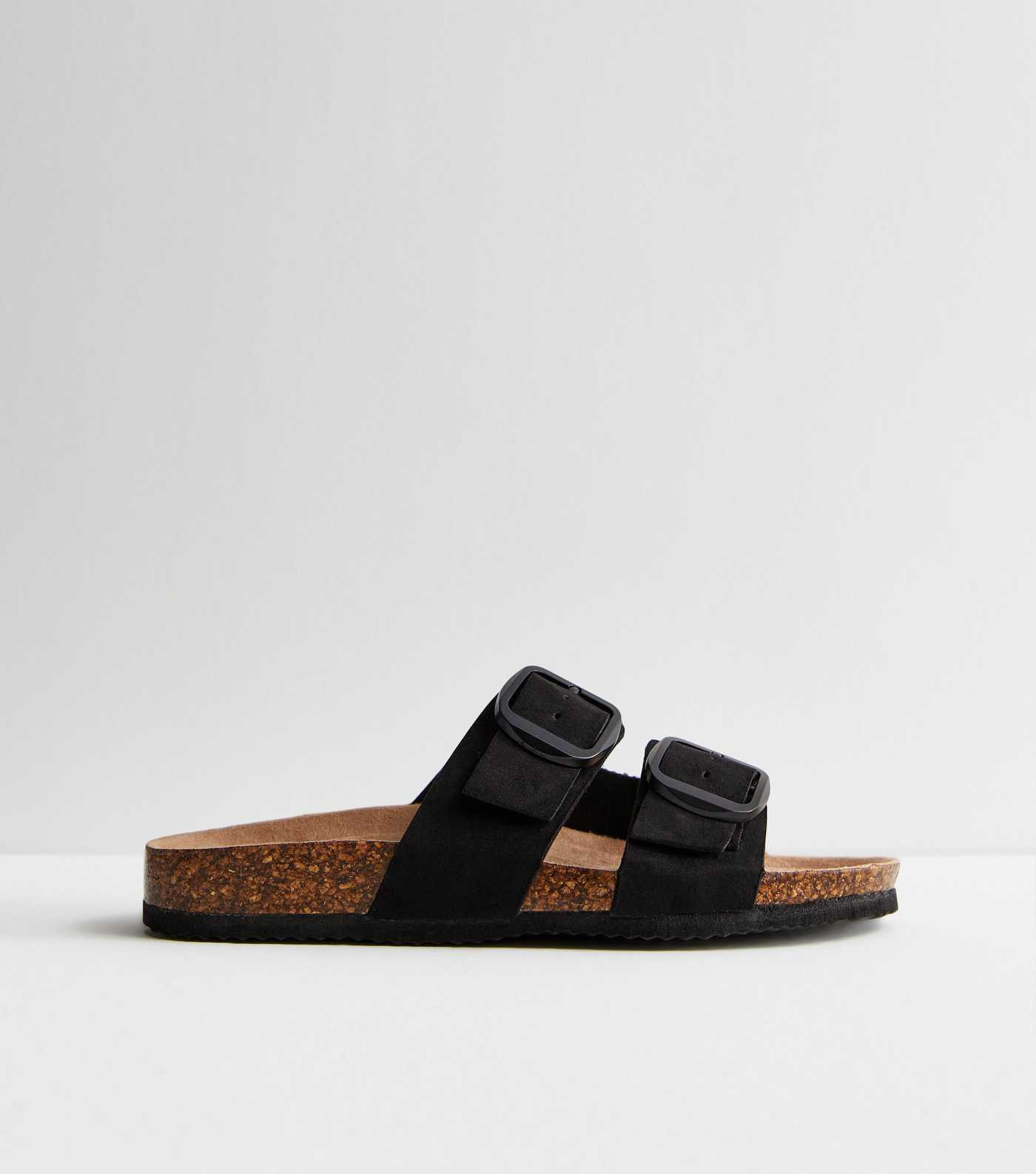 Black Suedette Buckle Strap Footbed Sliders | New Look | New Look (UK)