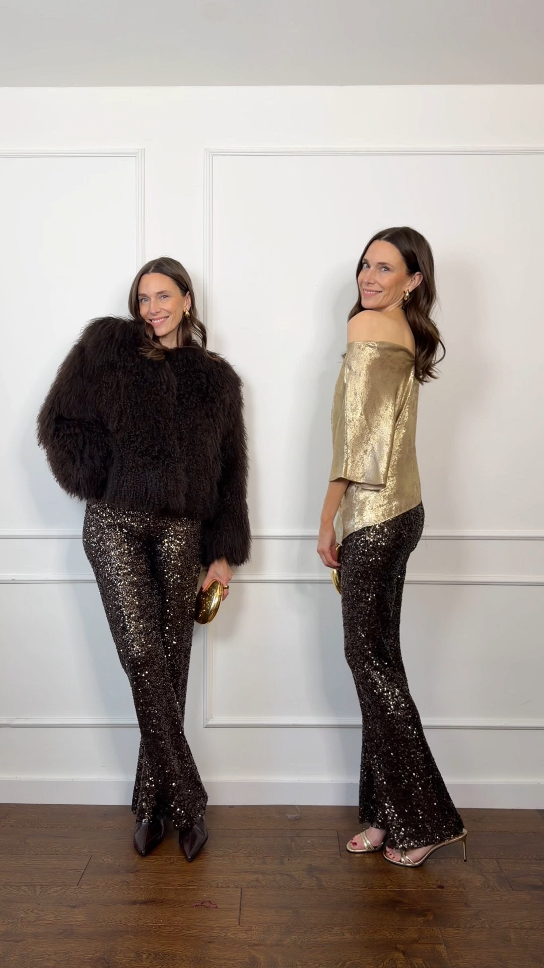 Brown satin trousers, brown Mongolian fur coat, gold top, black sequin skirt, blank sweetheart neckline top, black suede boots, knee-high suede boots, silver sequin skirt, white sequin skirt, 

#LTKgrwm #LTKHoliday #LTKootd