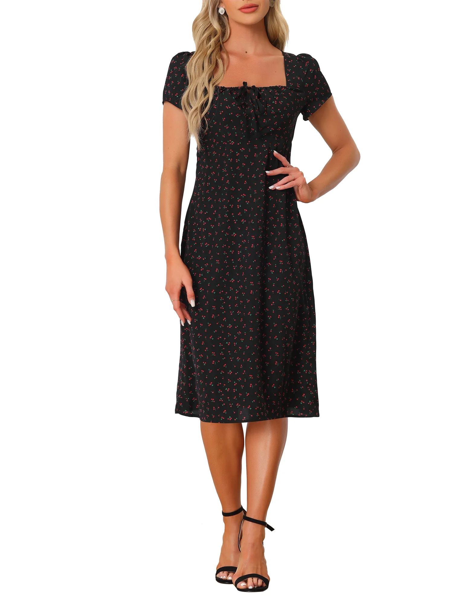 Allegra K Women's Cherry Print Square Neck Drawstring Midi Dress | Walmart (US)