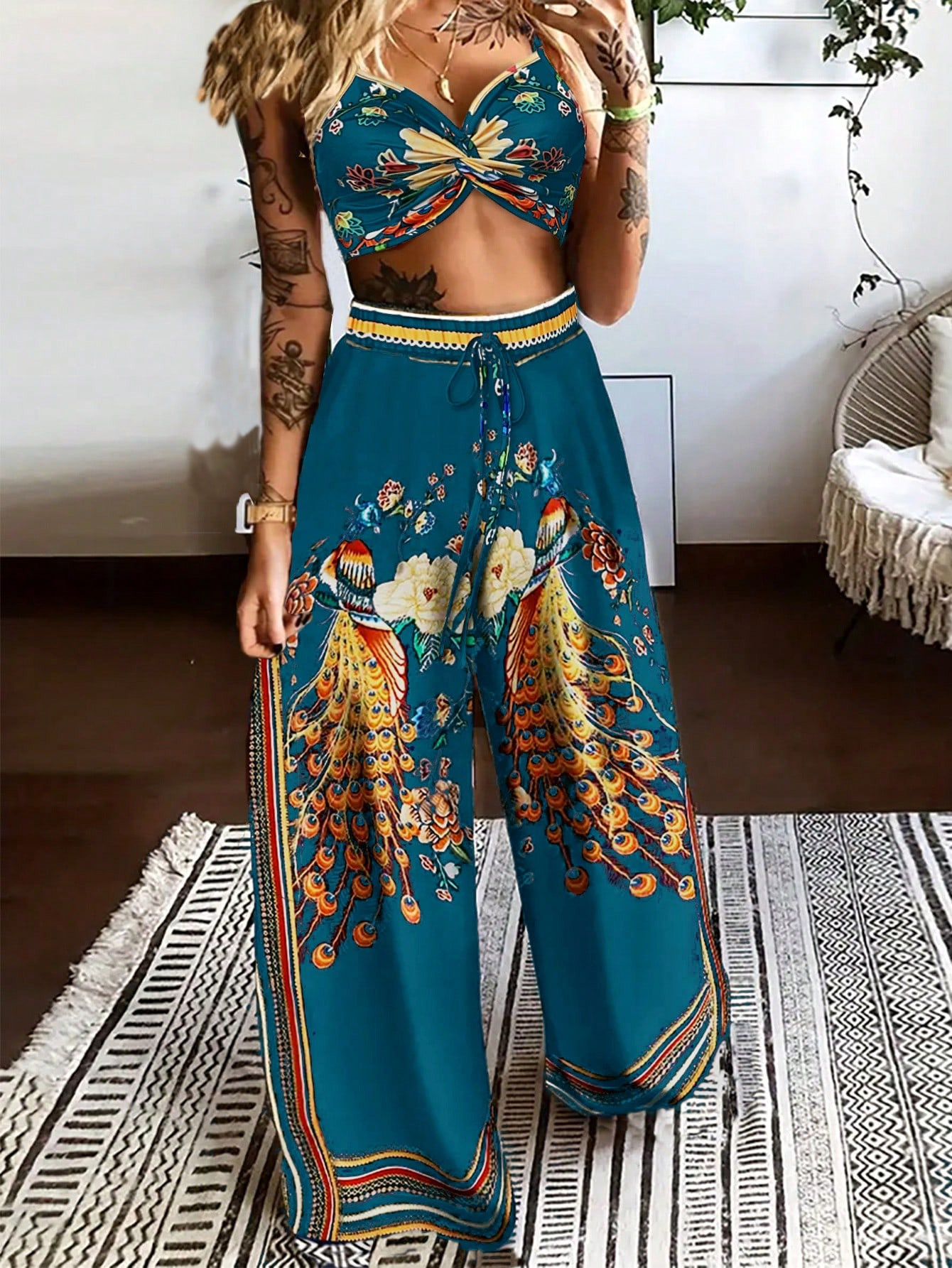 SHEIN VCAY Phoenix Pattern Twist Crop Cami Top And Drawstring Waist Long Pants Set (Asymmetrical ... | SHEIN