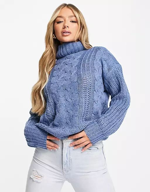 QED London roll neck cable knit jumper in blue | ASOS (Global)