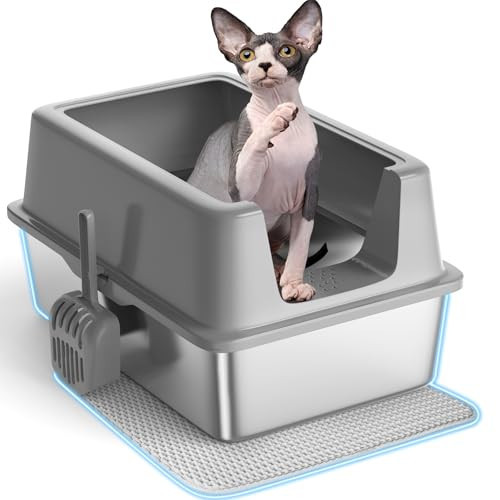 ITEFDTUTNE Stainless Steel Cat Litter Box with Lid, XXL Semi-Enclosed Litter Box for Big Kitty, Metal Extra Large Box High Sided, Non-Stick & Anti-Urine Leakage with Cat Mat and Scoop | Amazon (US)