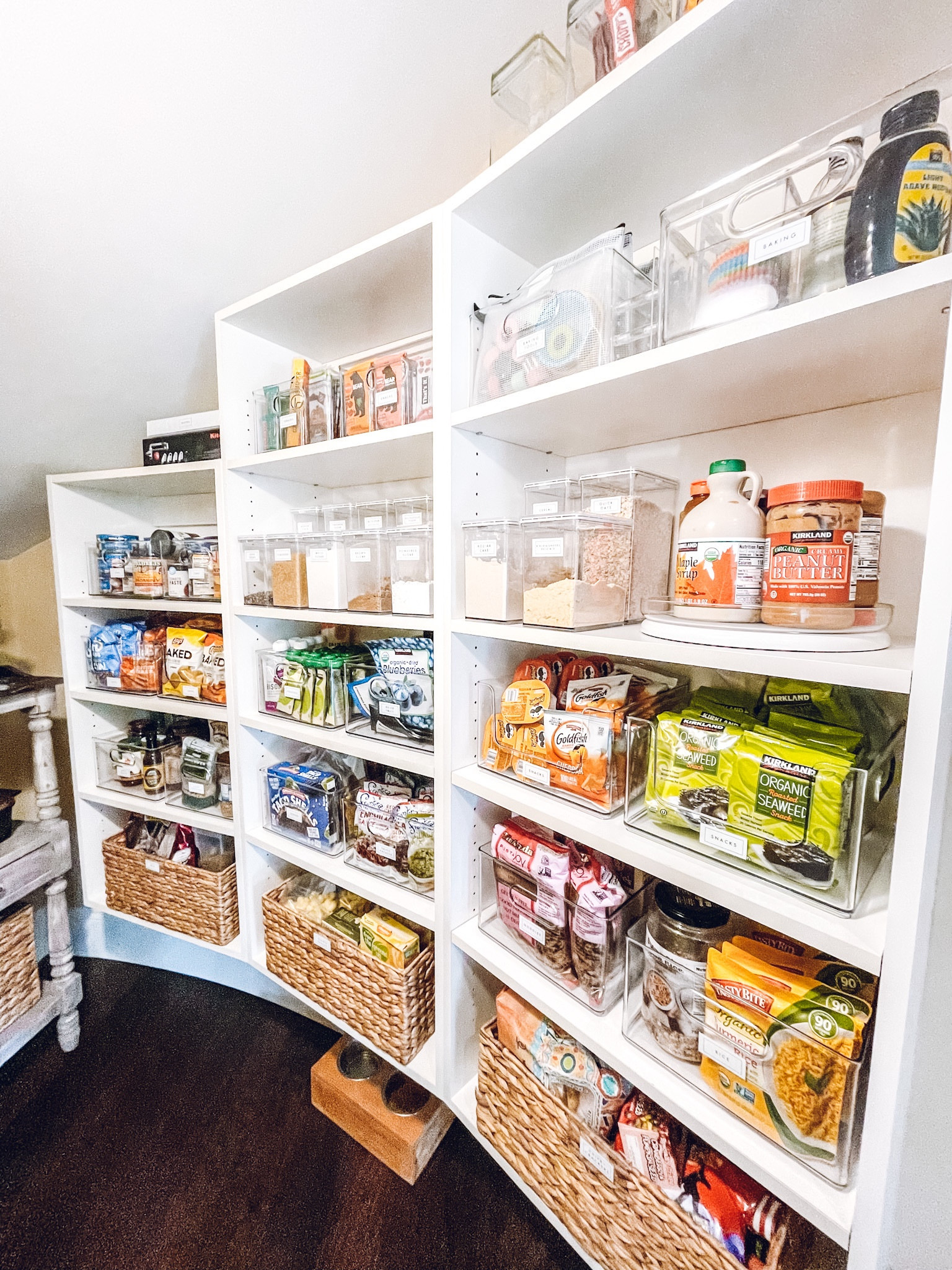 Pantry organization. The Container Store water hyacinth bin, bin clip, Letter-Size pouch. Home Edit T.H.E stacking pantry bin and canister. OXO turntable✨ 

#LTKkids #LTKhome #LTKfamily