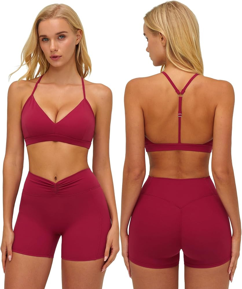 ABOCIW Womens Workout Sets V Neck Sports Bra Tummy Control High Waist Biker Shorts 2 Piece Yoga P... | Amazon (US)