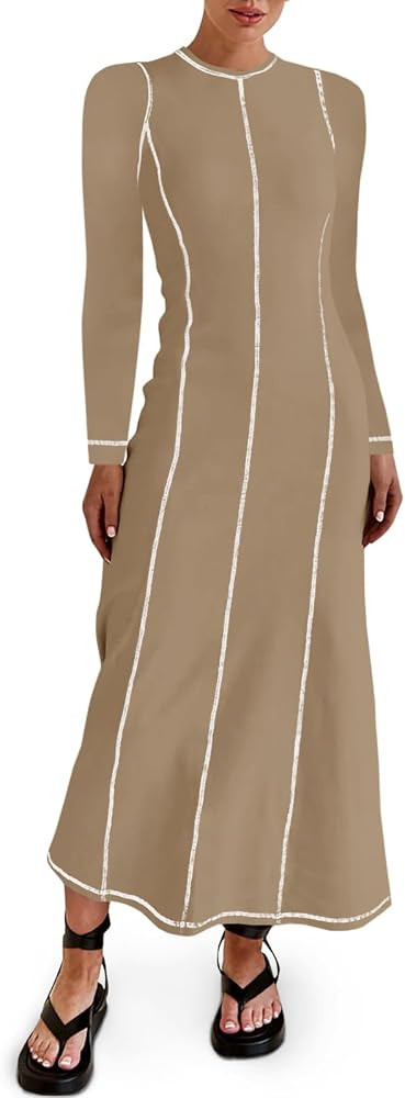 Wenrine Womens Long Sleeve Maxi Dress Contrast Stitch Ribbed Fuzzy Crewneck Slim Casual Fall Dres... | Amazon (US)