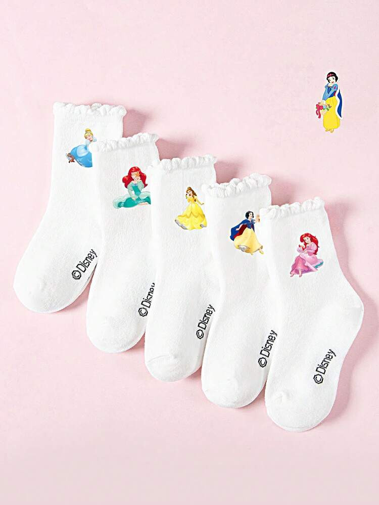 Disney 5 Pairs Disney Princess Series White Lace Trim Kids Ankle Socks, Overall Cute Style, Suita... | SHEIN