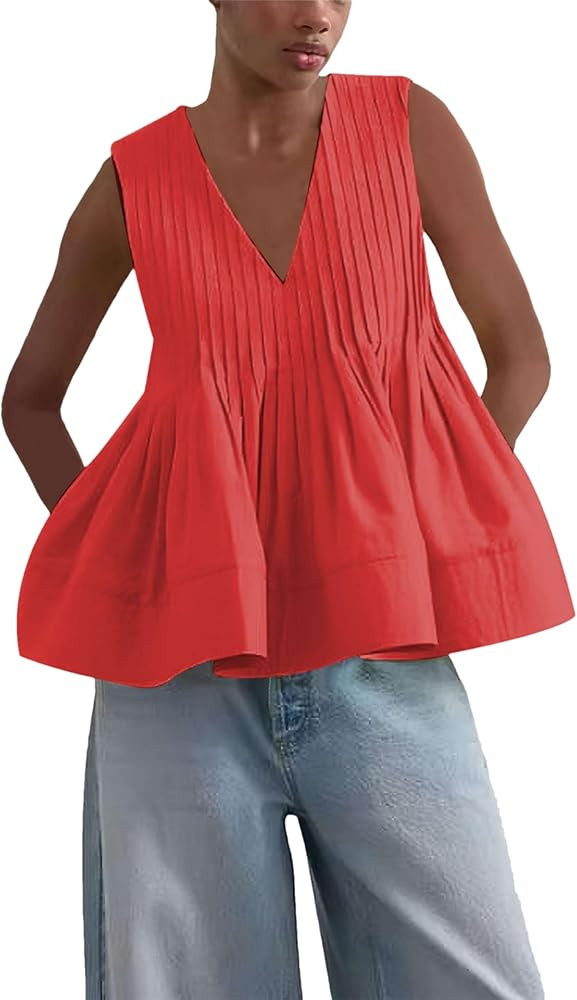 Wanzetaly Women's Summer Peplum Babydoll Tops Casual Sleeveless V Neck Blouse Tank Tops Pleated S... | Amazon (US)