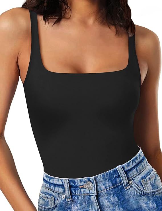 SAUNGKUAI Women's Square Neck Sleeveless Scoop Open Back Tank Top Thong Bodysuit | Amazon (US)