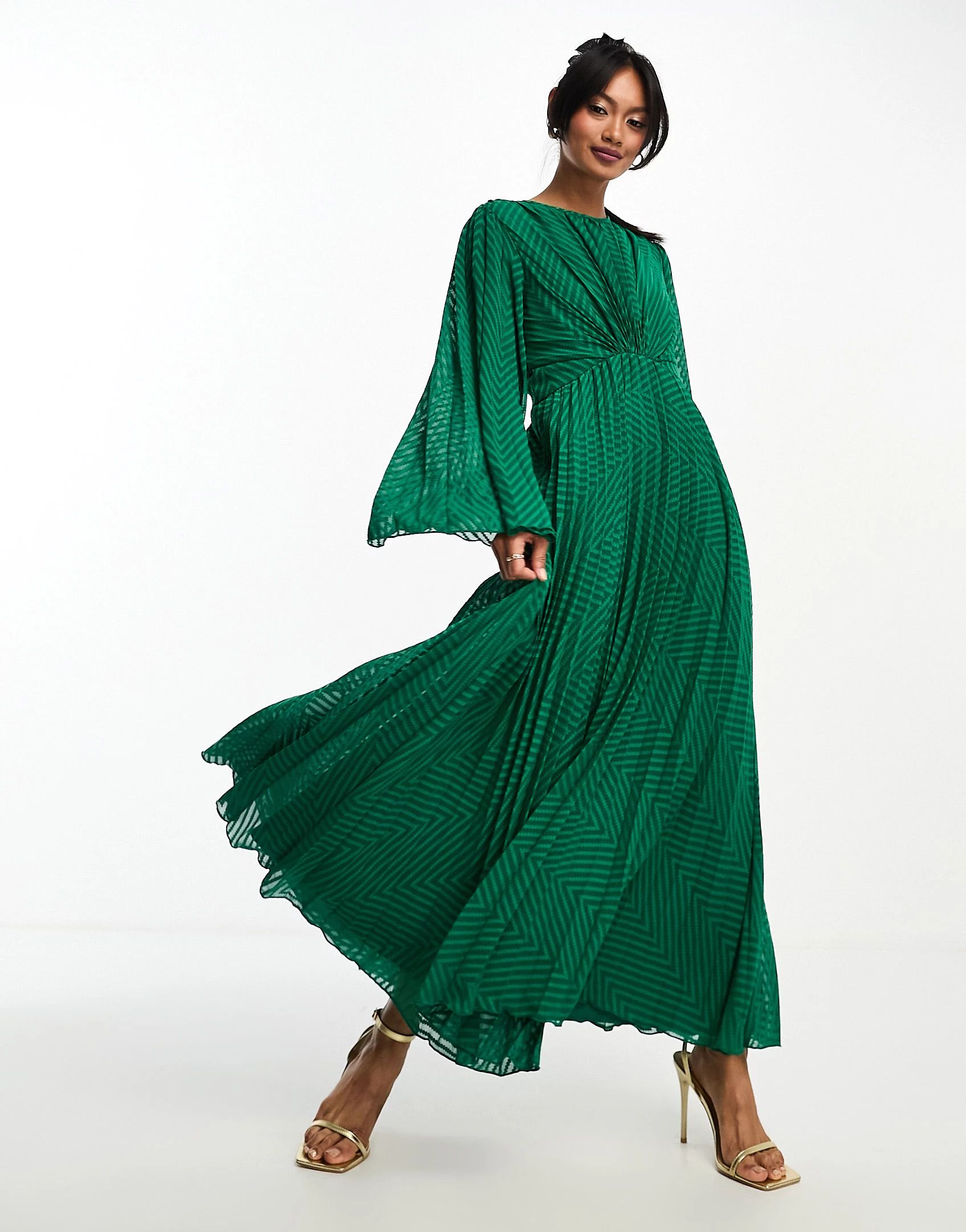 ASOS DESIGN tie back fluted sleeve pleated chevron chiffon midi dress in green | ASOS (Global)