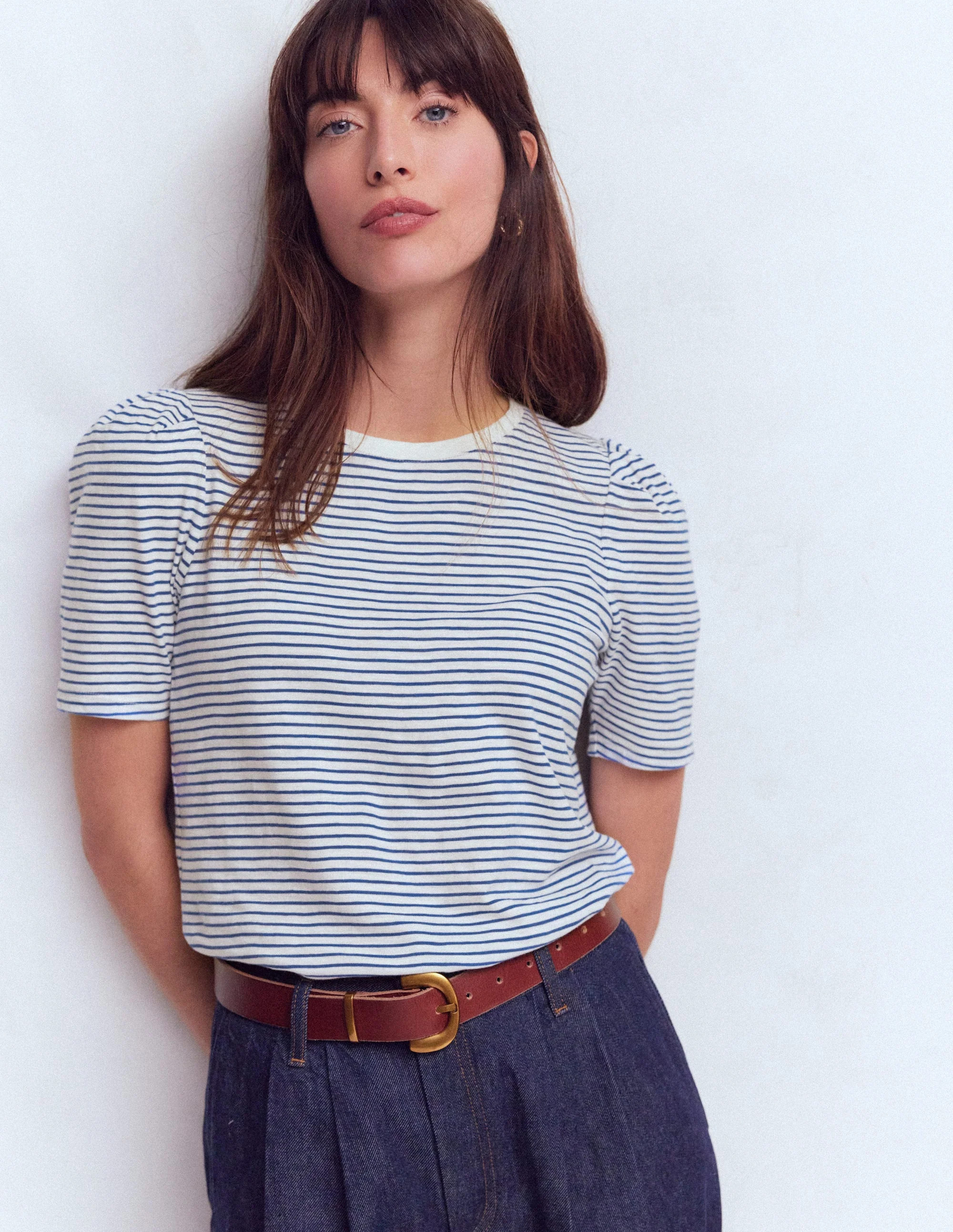 Pleat Sleeve T-shirt-Beaucoup Blue and Ivory Stripe | Boden (US)