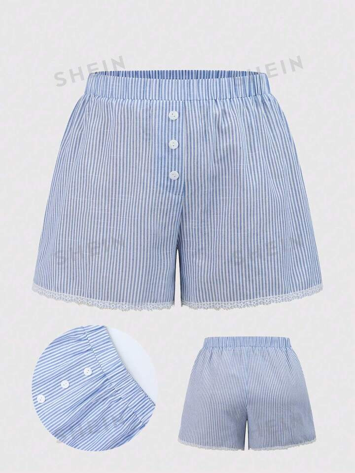 SHEIN EZwear Plus Size Blue And White Striped Lace Casual Vacation Shorts | SHEIN