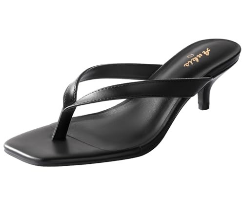 Ankis Kitten Heels for Women, Black Square Toe Flip Flop Heels 2 Inch Low Heeled Thong Summer Sandals | Amazon (US)