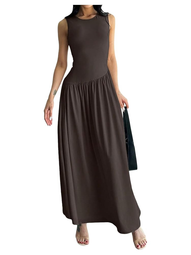 Verdusa Women's Ruched Sleeveless Tank Dress Crew Neck Flare Maxi Dress | Amazon (US)