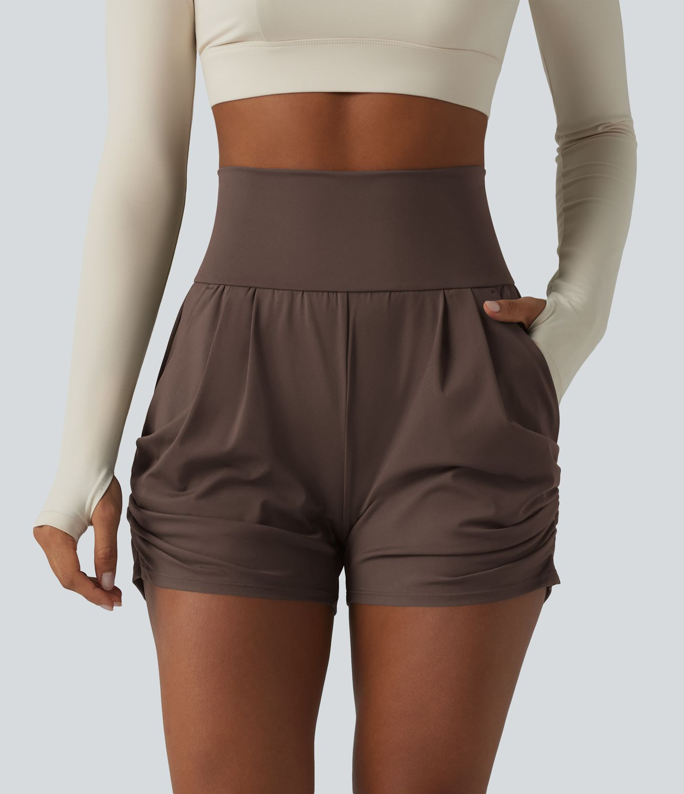 SoftlyZero\u2122 Airy High Waisted Ruched InstantCool Yoga Shorts 3'' with Pockets | HALARA