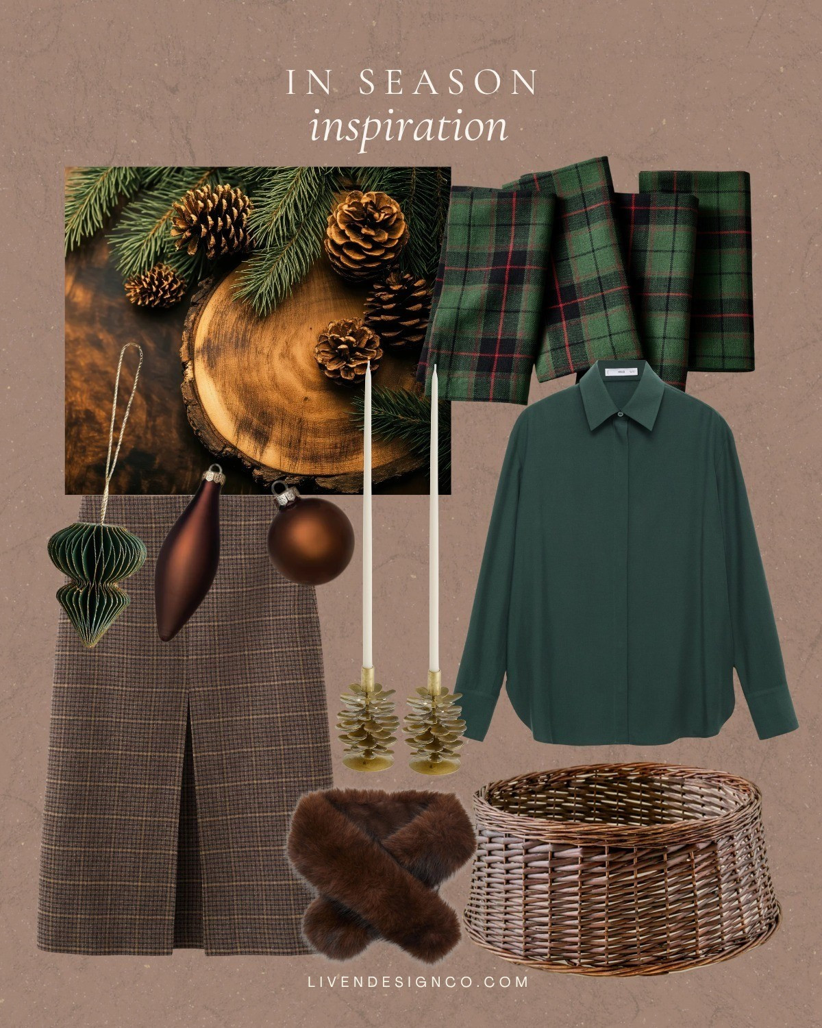 Holiday decor. Christmas decor. Dark green blouse. Satin blouse. Wool plaid skirt. Velvet Ornaments. Brown Ornaments. Pinecone candle holder. Tree collar. Fur scarf

#LTKHoliday #LTKSeasonal #LTKHome