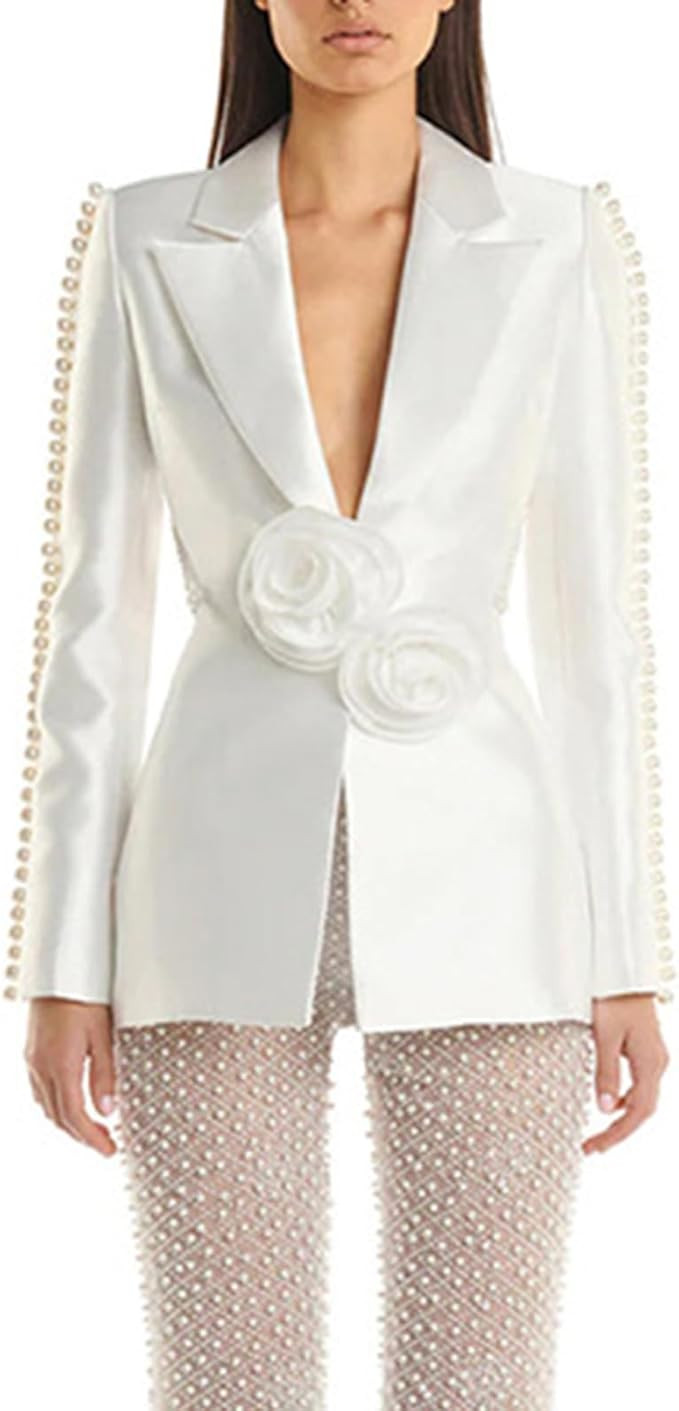 Women's Fashion Notch Lapel Blazer Jacket Pearl Long Sleeve 3D Flowers Sexy Hollow Out Suit Jacke... | Amazon (US)