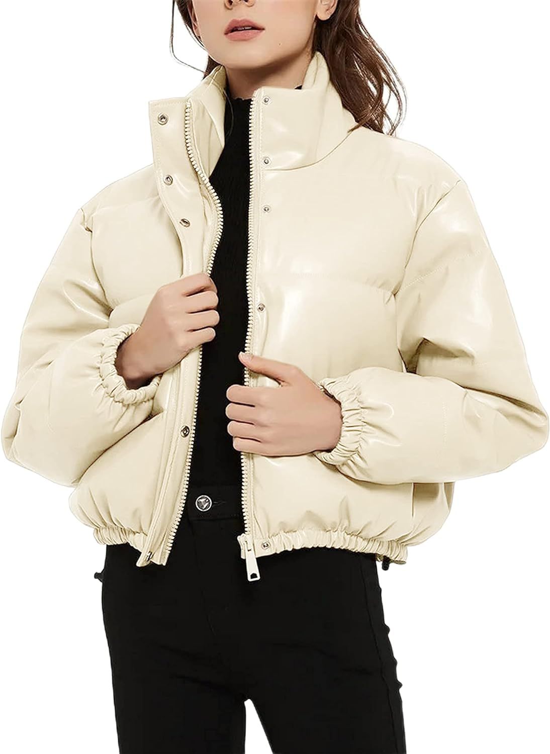 Tanming Womens Faux Leather Puffer Jacket Winter Long Sleeve Black Short Bubble Coat | Amazon (US)