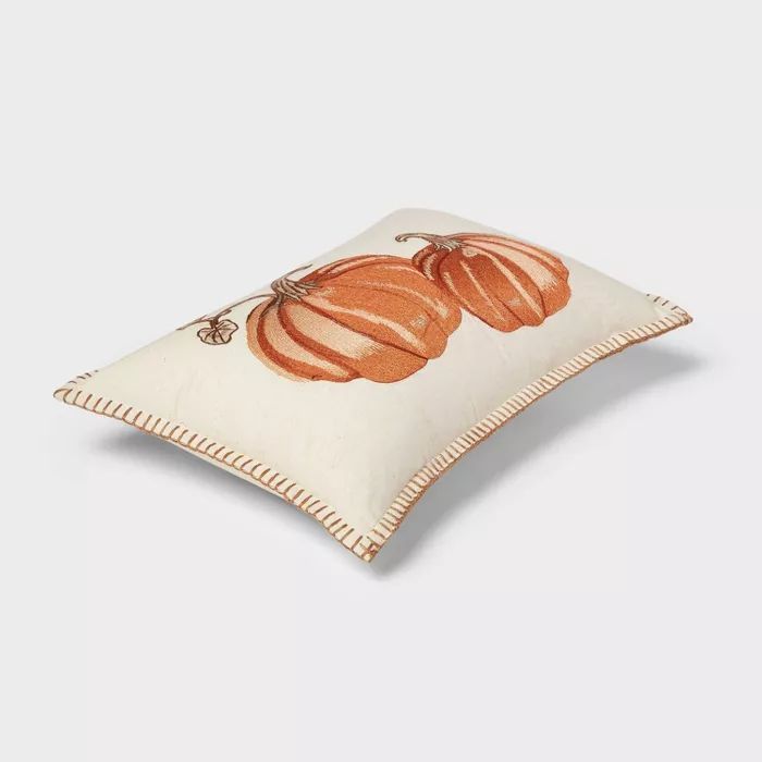 Embroidered Pumpkin Lumbar Throw Pillow Neutral/Orange - Threshold&#8482; | Target