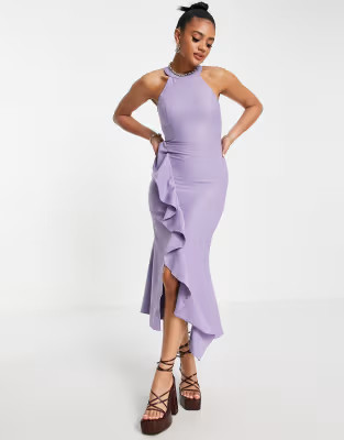 Trendyol high neck ruffle midi dress in lilac | ASOS | ASOS (Global)