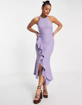 Trendyol high neck ruffle midi dress in lilac | ASOS | ASOS (Global)