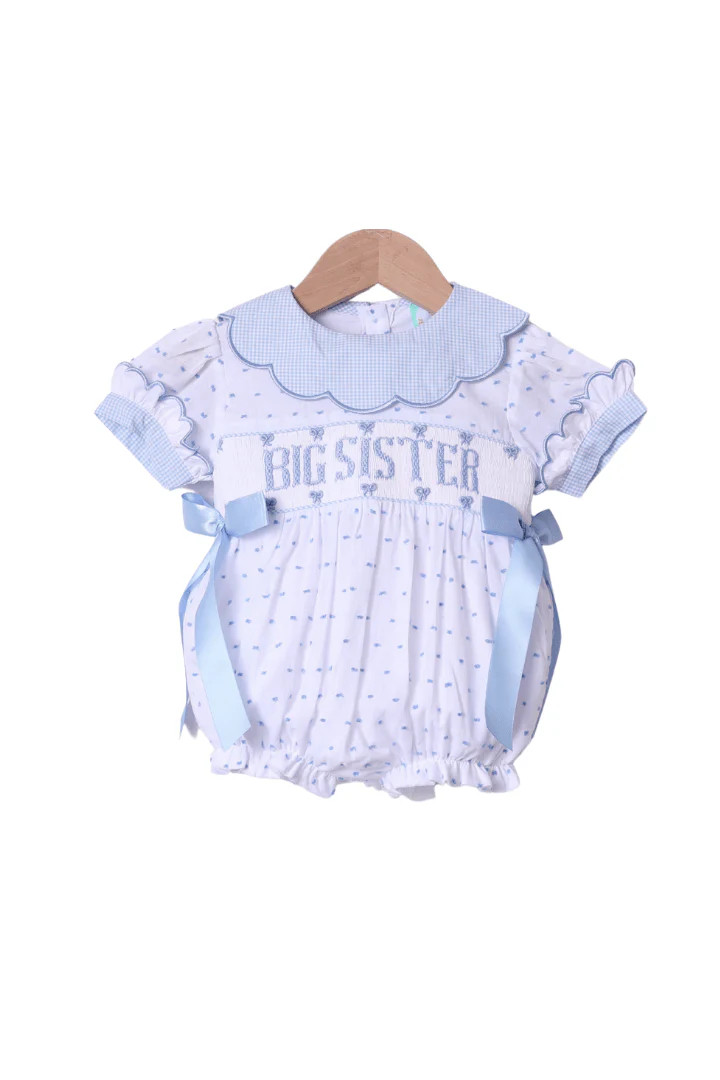Smocked Big Sister Blue and White Swiss Dot Bow Bubble | The Smocked Flamingo