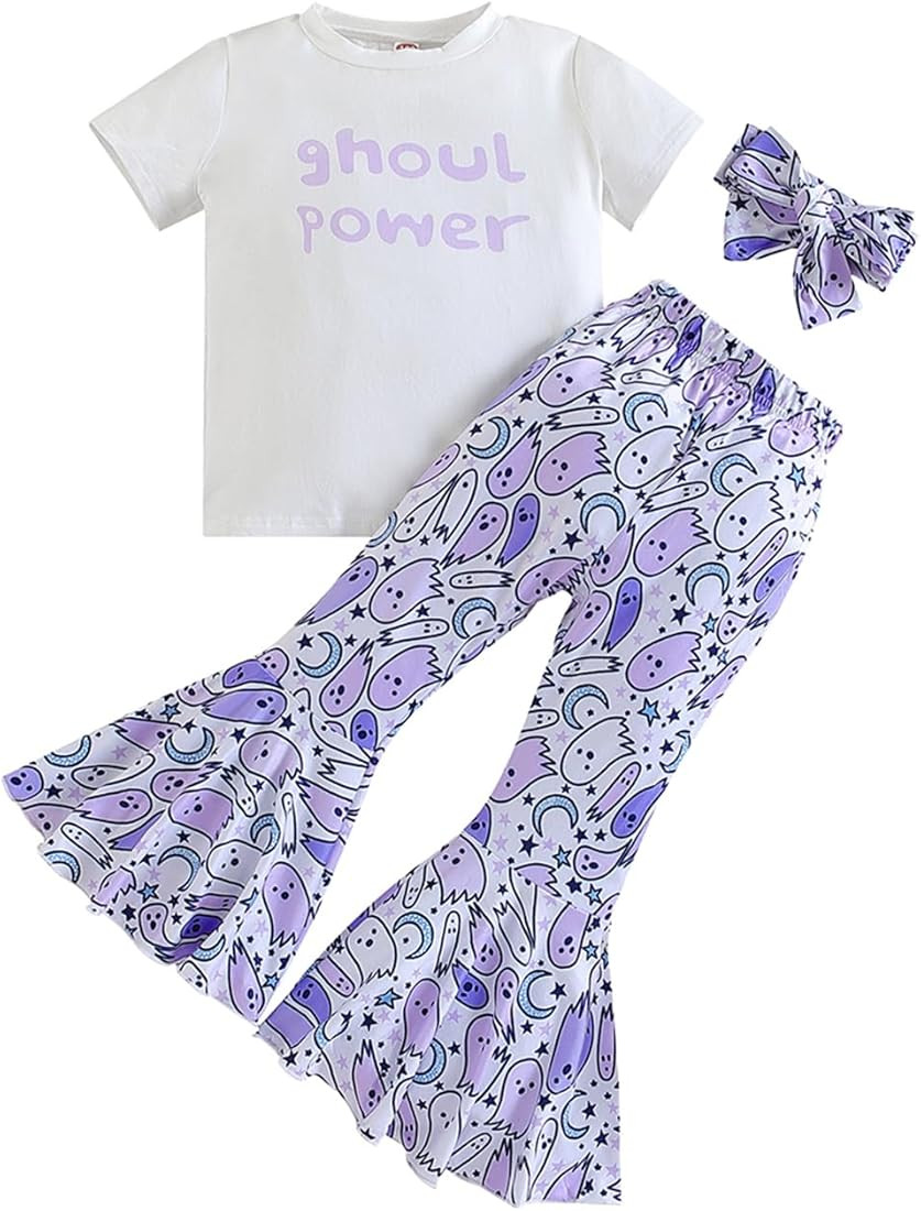 Amnnchya Toddler Baby Girl Summer Clothes Letter Print Short Sleeve Shirt and Peach Bell Bottoms ... | Amazon (US)