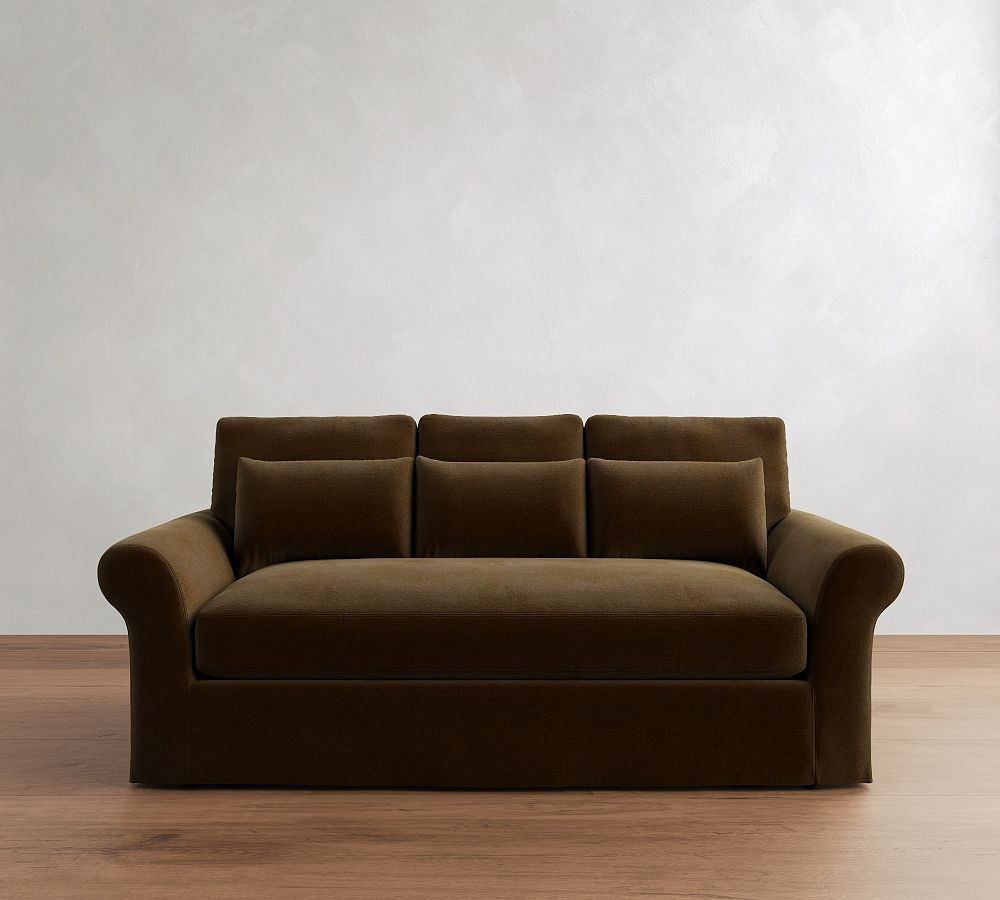 PB Comfort Modern Roll Arm Slipcovered Deep Seat Sofa 82" 3X1, Down Blend Wrapped Cushions, Faux Mohair Velvet Espresso | Pottery Barn (US)