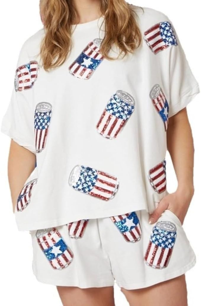 Women 4th of July Outfit American Flag Sequins Short Sleevle T-Shirt Casual Summer Two Piece Shor... | Amazon (US)