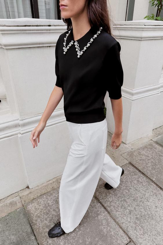 Zara - Pearl Knit Polo - Black - M - Woman | Zara US