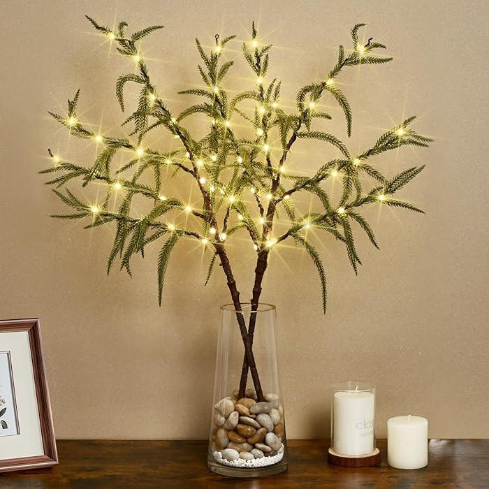 Waipfaru 2Pcs 32IN Lighted Branches for Vases, Norfolk Pine Branches Lighted Branches with Timer ... | Amazon (US)