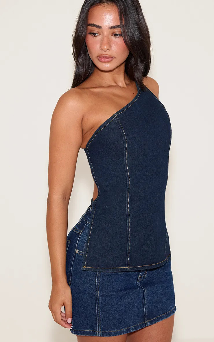 Petite Chocolate Asymmetric Open Back Denim Top | PrettyLittleThing US