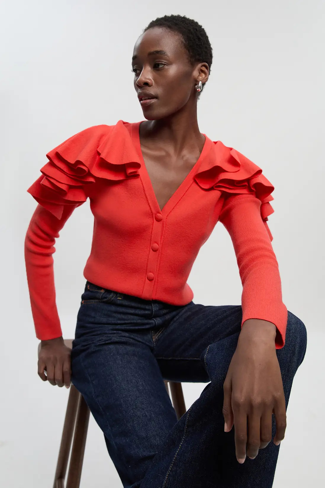 Compact Wool Look Ruffle V Neck Cardigan | Karen Millen US