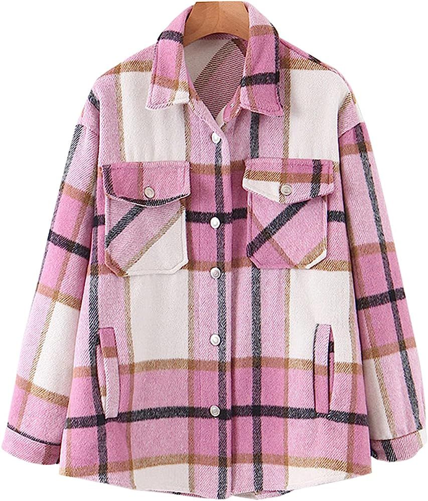 Gihuo Women's Plaid Flannel Shacket Jacket Loose Button Down Shacket Jacket | Amazon (US)