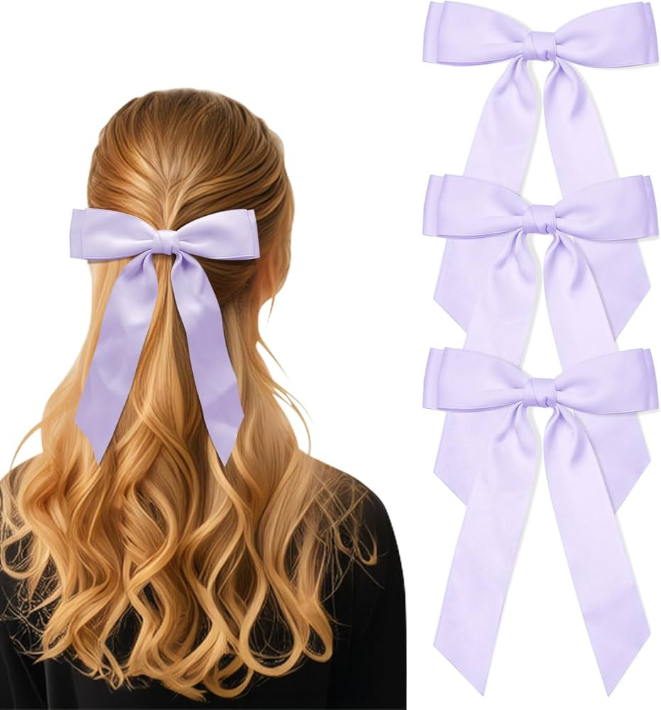 3Pcs Purple Hair Bows for Women Double-Layer Long Tail Bow Hair Clip Hair Ribbon Ponytail Holder ... | Amazon (US)