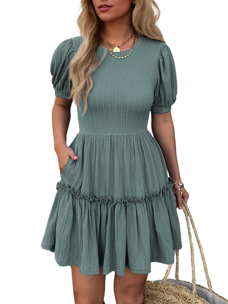 Women's Puff Sleeve Ruffle Dress, Brown Cotton Blend Mini Dress with Pockets, Elastic Waist & Flo... | Amazon (US)