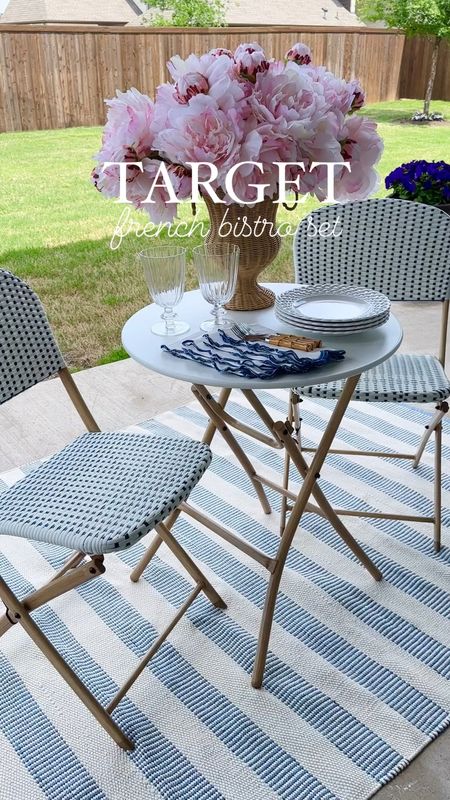Target SALE 🎉 adorable French bistro set  💙 everything is foldable so it’s easy to store and perfect for smaller patio spaces! Rug is also on sale! 

Outdoor furniture blue and white decor coastal striped rug outdoor dining set patio sets studio mcgee

#LTKHome #LTKFindsUnder50 #LTKSaleAlert