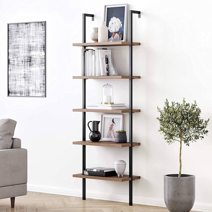 Nathan James Theo 5-Shelf Oak Wood Modern Bookcase, Open Wall Mount Ladder Bookshelf with Industr... | Amazon (US)